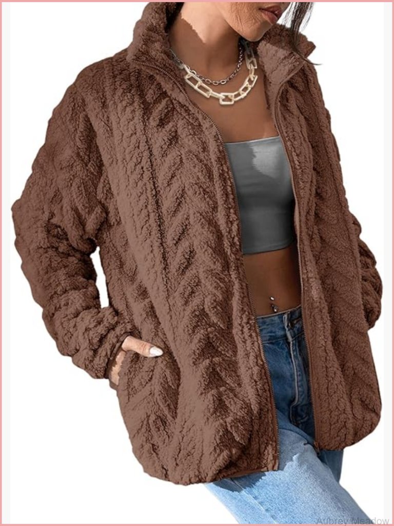 Winter Fleece Jacket Zipper Stand Collar Casual Coats With Pockets